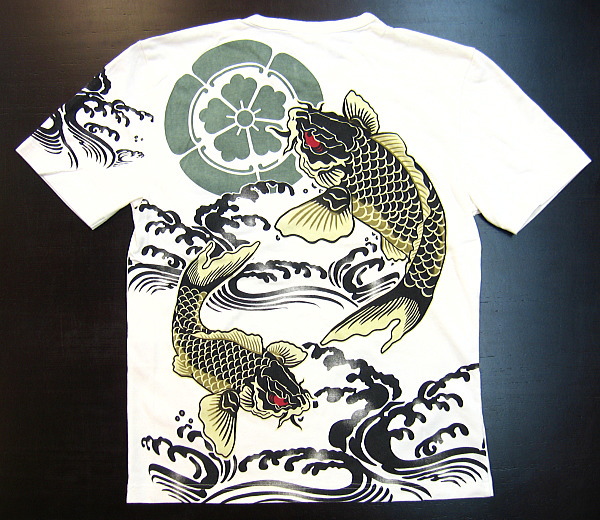 和柄半袖ヘンリーTシャツ 荒波に鯉・家紋